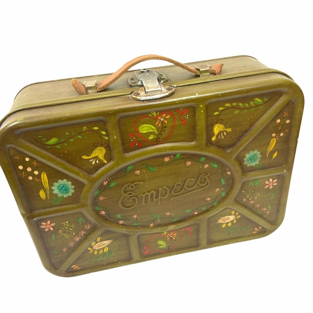 Tin Suitcase Picnic Box Vintage Empeco Prop Leather Handle Country Kitchen